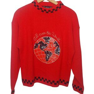 Vintage 80s Nathalie B All Over The World Womens S Sweater Travel Red Sequins